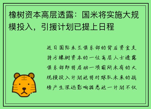 橡树资本高层透露：国米将实施大规模投入，引援计划已提上日程