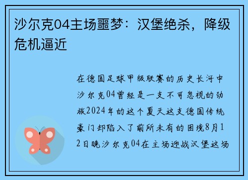 沙尔克04主场噩梦：汉堡绝杀，降级危机逼近